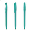 A plastic pen in a vibrant teal colour, featuring a clip and smooth grip. It has a logo on the side.