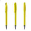 Three yellow plastic pens with chrome accents, showcasing different angles. Each pen has a smooth design and a clip.