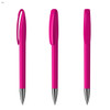 A pink plastic pen with a sleek design and a clip, featuring a shiny metallic tip.
