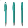 A transparent teal pen with a clip and a silver tip, displayed from different angles. It features a branding logo.
