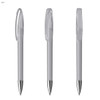 A set of three clear plastic pens with silver accents and clip attachments. Each pen is displayed from different angles.