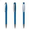 A blue plastic pen with a silver clip, displayed from three different angles. Features a logo on the body.