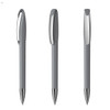 A set of grey plastic pens featuring a sleek design and a reflective clip, showcasing three different angles.