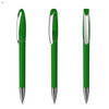 A green plastic pen with a transparent body and a silver clip, displayed from three different angles.
