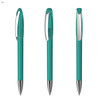 A transparent turquoise pen with a clip, showcasing three different angles. It features a silver-tone tip.