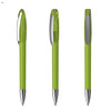 Three plastic pens in bright green with silver accents, featuring a clip for attachment. Each pen has a glossy finish.