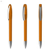 An orange plastic pen featuring a clear section and a silver clip. The pen has a sleek, modern design.