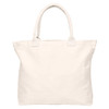 A cream tote bag with sturdy handles and no gusset design, featuring a logo.