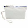 A white canvas cosmetic bag with a blue zipper and wrist strap. The bag is simple and versatile in design.