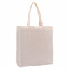A beige calico tote bag with gussets and matching handles. It features a logo on one side.