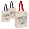 Three calico trade show bags in cream, featuring sports designs for basketball, rugby, and soccer, with colourful handles.