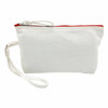 A white canvas cosmetic bag with a red zip and a wrist strap. It has a plain design and a silver zipper.