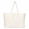 A large, cream-coloured tote bag with two sturdy handles and a front pocket. It features a branding logo.