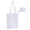 A white foldable calico tote bag with long handles, alongside a compact pouch for storage.