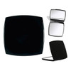 A compact mirror in a sleek black design, featuring a dual-sided reflective surface and a branded logo.