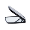 A black compact mirror with a rectangular shape, featuring a hinge for opening and closing. It has a sleek design.
