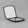 A compact mirror with a sleek black exterior, featuring two reflective surfaces inside. It has branding visible.