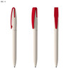 A pen featuring a cream body with a red clip, displayed from multiple angles. It has branding visible.