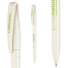 A biodegradable pen in white with green accents, featuring a streamlined design and a clip on the cap.