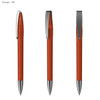 An orange transparent plastic pen with a silver clip, displayed from three angles. Features branding.