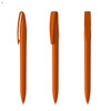 An orange plastic pen with a clip, displayed from three angles. The pen features a simple, sleek design.