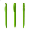A set of vibrant green plastic pens, featuring a clip and smooth barrels, displayed from different angles.