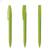 A green plastic pen with a clip, presented in three different angles. The pen features a sleek design and has a logo.