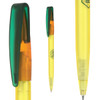 A plastic pen in yellow and green featuring a clip and a logo. The pen has a translucent barrel.