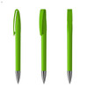 A set of three bright green metal pens with a silver tip and a built-in clip. Each pen has a distinctive design.