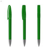 A set of three transparent green plastic pens with silver accents and clip caps, featuring a logo.