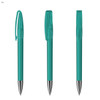 A set of three transparent turquoise plastic pens with silver tips, featuring a clip on each pen.