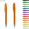 An orange plastic pen with a transparent cap and a silver clip, accompanied by various colour options.