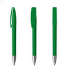 A green plastic pen with a silver tip, featuring a clip and a clear cap. The pen has a logo on it.