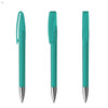 A teal plastic pen with a silver tip, featuring a transparent cap and a clip, displayed from multiple angles.