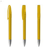 A set of three yellow plastic pens with a shiny silver tip and a clip on the side, featuring a branding logo.
