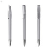 A metal pen in grey with a silver clip, displayed in three positions. It features a branding logo.