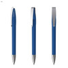 A metal pen in blue with a silver clip and a polished tip, displayed from multiple angles.