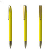 A yellow metal pen with a gold clip, displayed from three different angles.