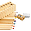 A set of coloured pencils in various shades, with a wooden ruler, sharpener, and eraser. The set has a logo.