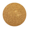 A round cork coaster with a textured, golden surface, featuring a branding logo.