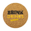 A round cork coaster with a textured golden surface and a logo in black and yellow.