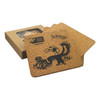 A square set of four cork coasters featuring a design with a bird illustration and a box for storage.