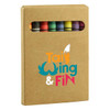 A crayon set featuring eight crayons in various colours, packaged in a brown cardboard box with a viewing cutout.