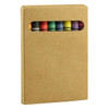 A crayon set in a kraft box displaying eight vibrant colours through a cut-out window. Contains a logo.