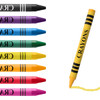 A crayon set featuring eight vibrant crayons in black, purple, blue, green, yellow, orange, red, and pink, plus a yellow crayon.