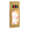 A crayon set with green, blue, red, and yellow crayons, packaged in a cardboard box with a window and colourful design.