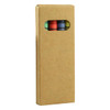 A crayon set in a cardboard packaging showing red, green, blue and yellow crayons through a window.