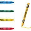 A set of five crayon sticks in blue, green, yellow, red, and orange, with a yellow crayon featuring a logo.