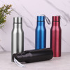 A drink bottle collection featuring silver, blue, black, and red metallic finishes, each with a carrying strap and branding.