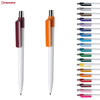 Two plastic pens with white bodies, one in burgundy and the other in orange, alongside a variety of other coloured pen caps.